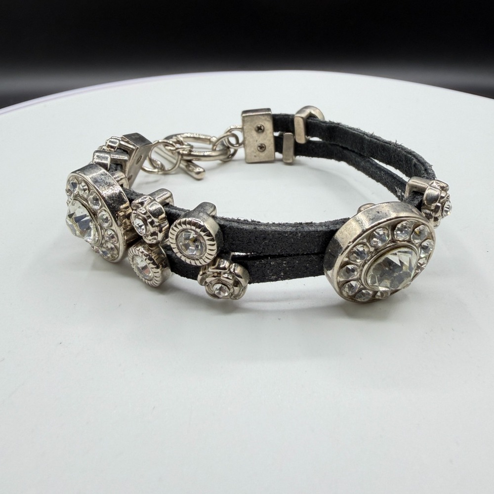 Black Genuine Leather Rhinestone Floral Double Strand Bracelet Silver Tone Boho